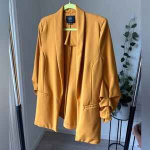 Goldenrod Yellow Casual Blazer Ruched 3/4 Sleeve Shawl Lapel